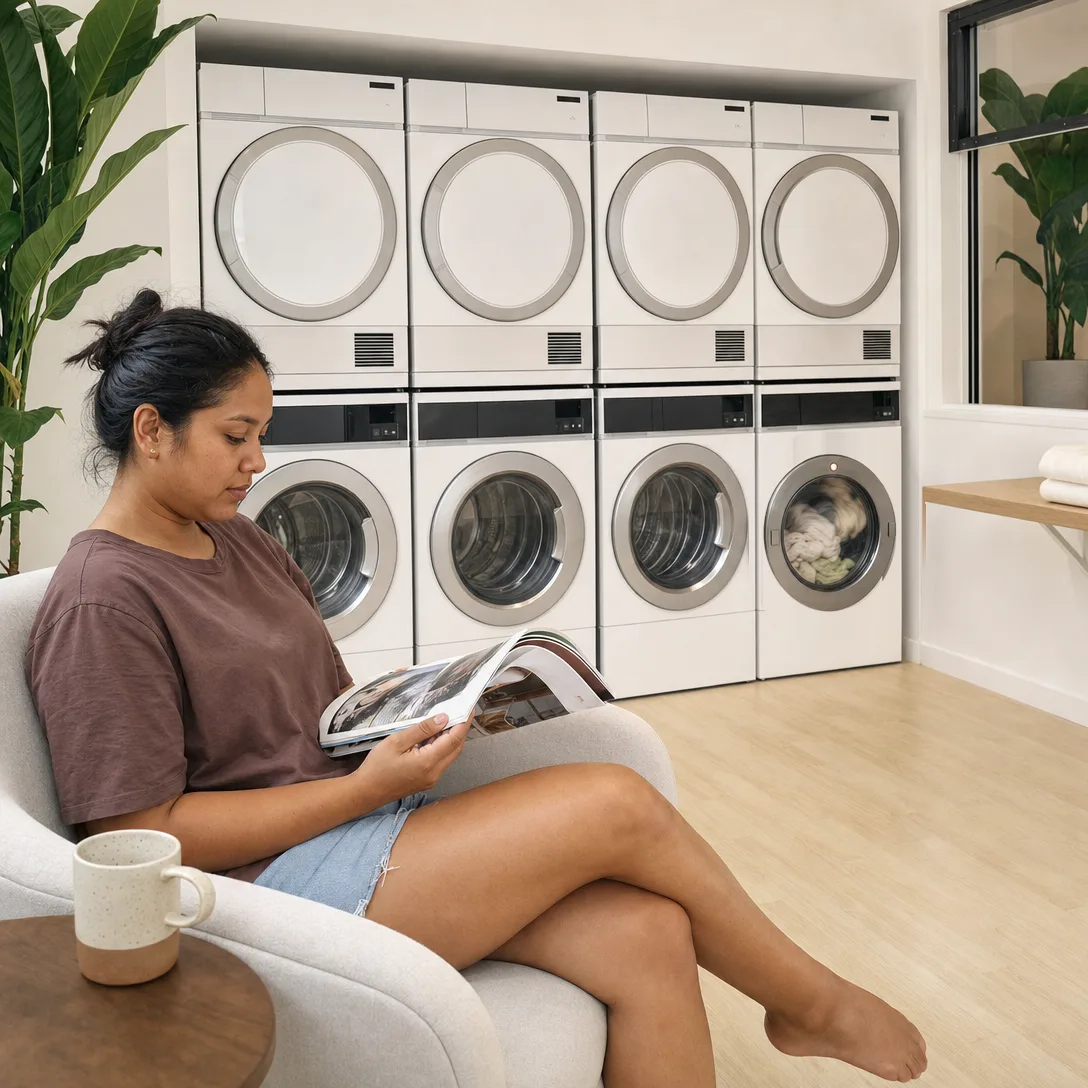 Une femme lit un magazine, installée dans un fauteuil devant les lave-linge de la laverie ; derrière elle, le linge tourne dans un hublot